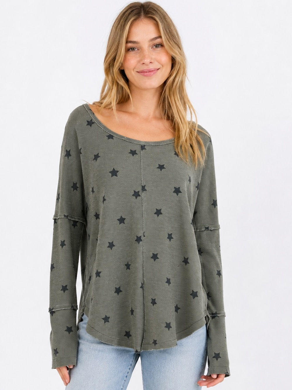 Lucky Brand Small Olive Star Print Waffle Knit Thermal Top Bohemian Casual
